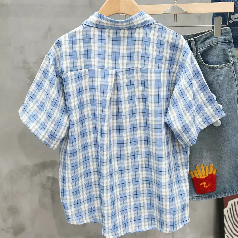 Blue Plaid Cartoon Embroidered Shirt - Picture 4 of 4